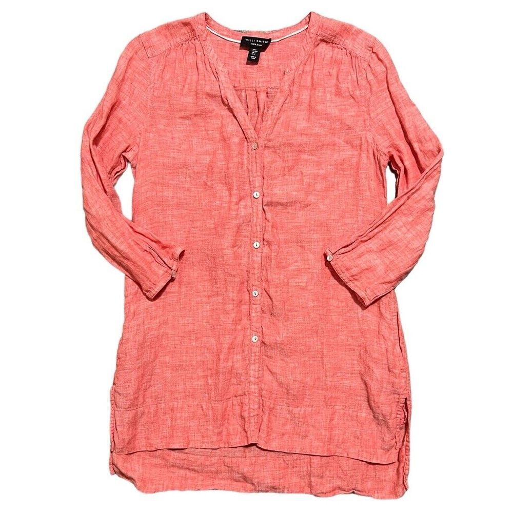 Willi Smith Tunic Top Womens Small 100% Linen Coral Blouse Button Front Boho